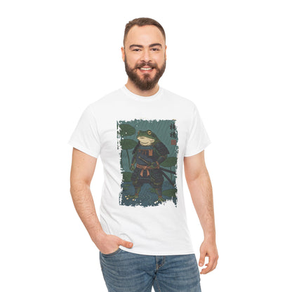 Samurai Frog graphic Men  White  tee with ukiyo-e style illustration of a frog warrior in rain.​

