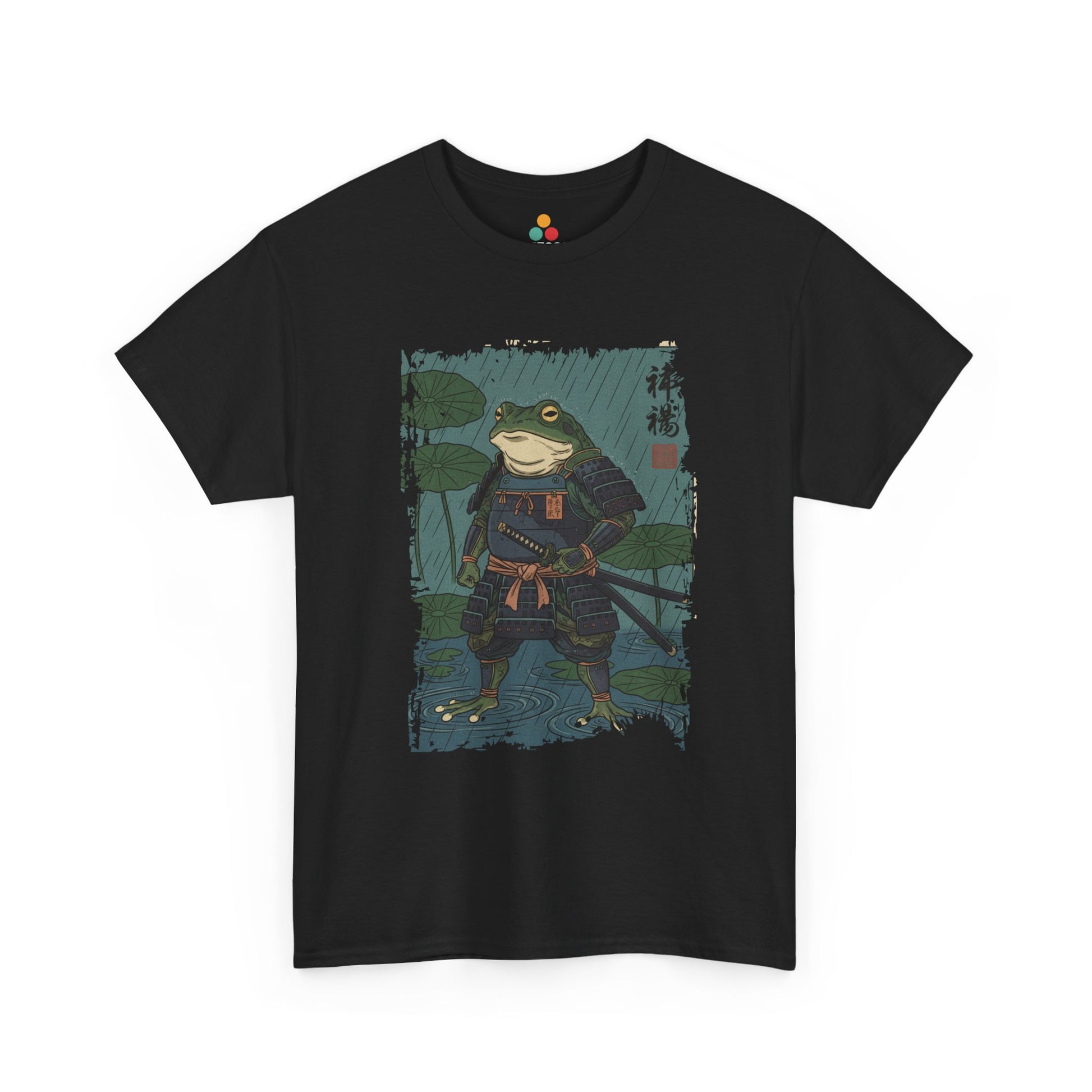 Samurai Frog graphic Black tee with ukiyo-e style illustration of a frog warrior in rain.​
