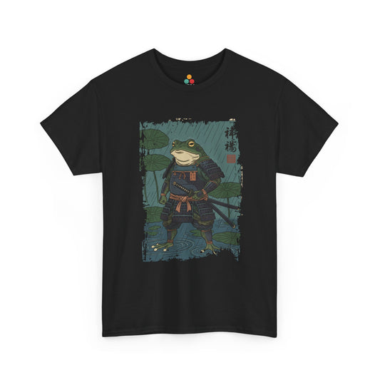 Samurai Frog graphic Black tee with ukiyo-e style illustration of a frog warrior in rain.​
