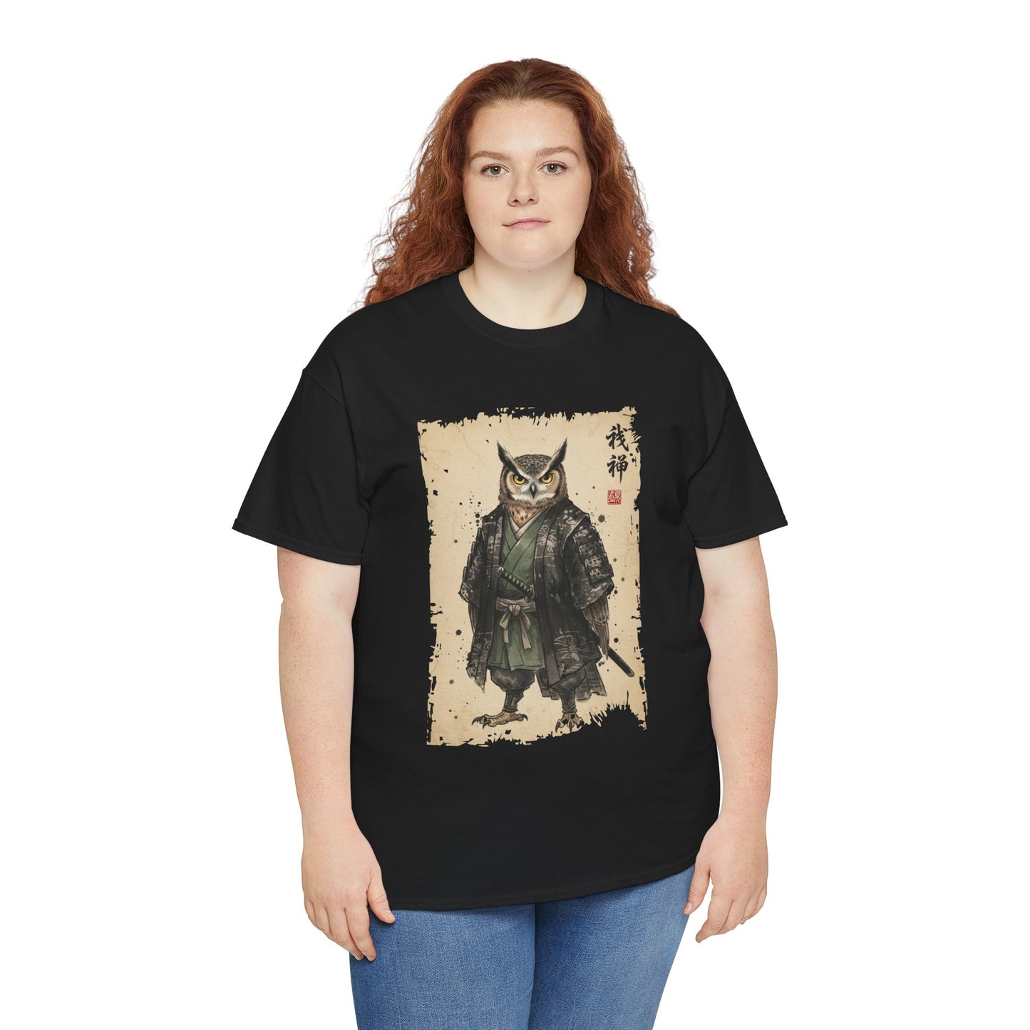 Samurai Owl graphic  Black Women  tee with ukiyo-e style illustration of an owl warrior in dark armor.​