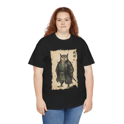 Samurai Owl graphic  Black Women  tee with ukiyo-e style illustration of an owl warrior in dark armor.​