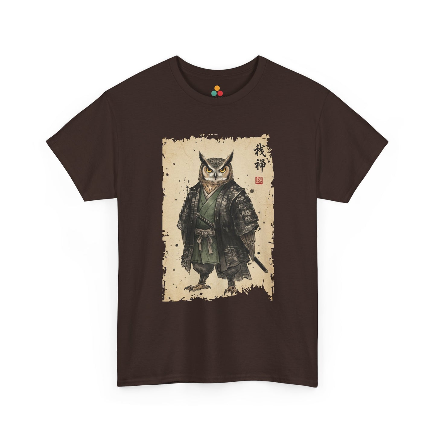 Samurai Owl graphic Brown tee with ukiyo-e style illustration of an owl warrior in dark armor.​

