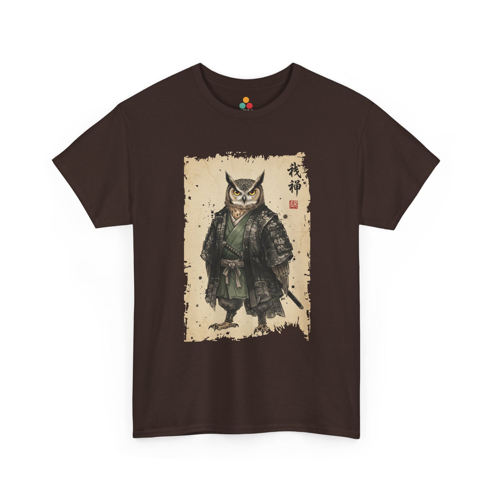 Samurai Owl graphic Brown tee with ukiyo-e style illustration of an owl warrior in dark armor.​


