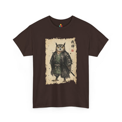 Samurai Owl graphic Brown tee with ukiyo-e style illustration of an owl warrior in dark armor.​


