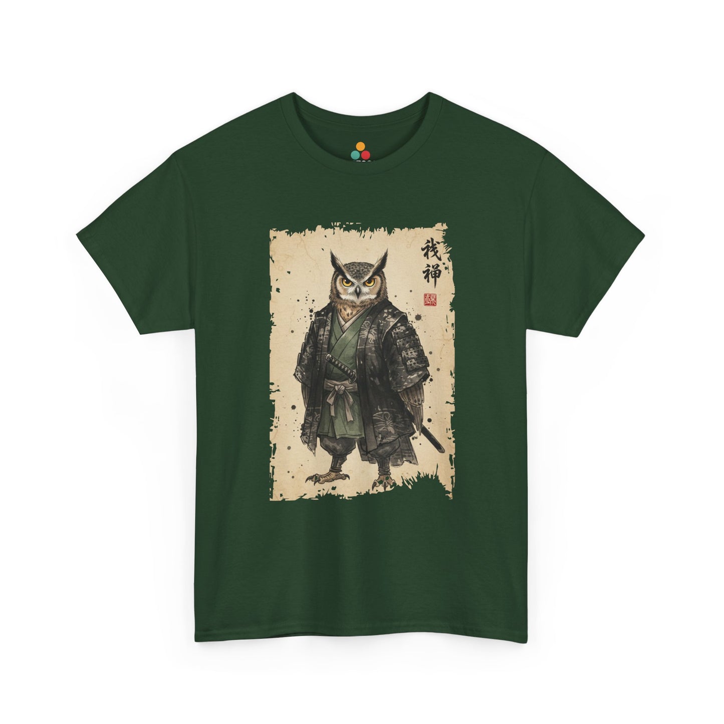 Samurai Owl graphic Forest Green  tee with ukiyo-e style illustration of an owl warrior in dark armor.​

