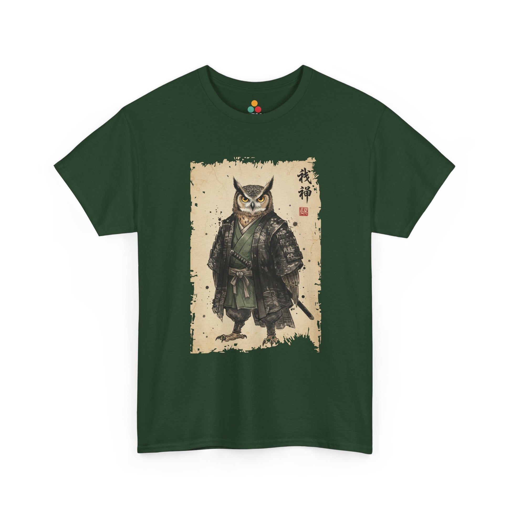 Samurai Owl graphic Forest Green  tee with ukiyo-e style illustration of an owl warrior in dark armor.​


