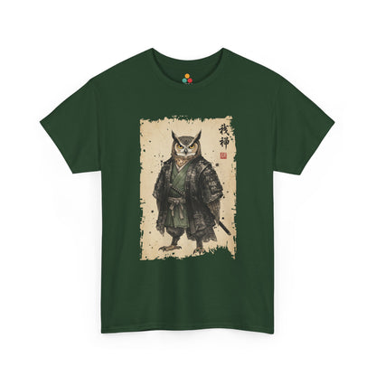 Samurai Owl graphic Forest Green  tee with ukiyo-e style illustration of an owl warrior in dark armor.​

