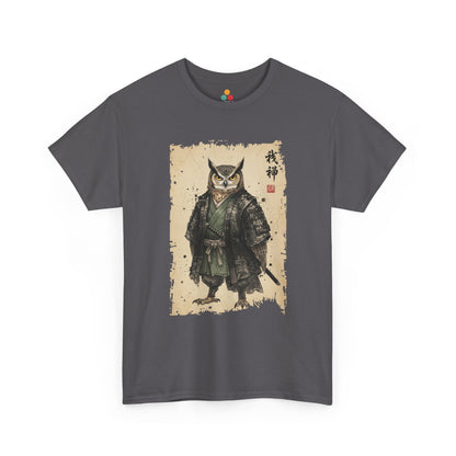 Samurai Owl graphic  Gray  tee with ukiyo-e style illustration of an owl warrior in dark armor.​

