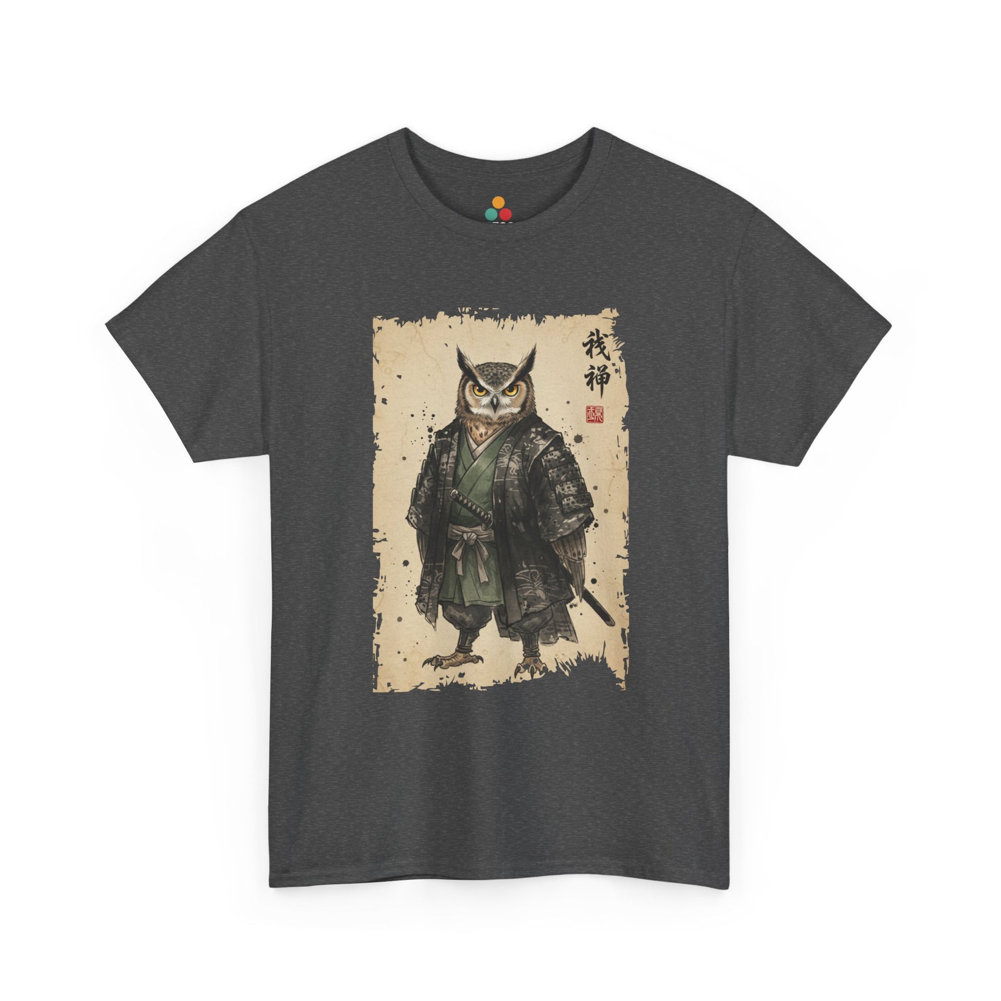 Samurai Owl graphic Gray  tee with ukiyo-e style illustration of an owl warrior in dark armor.​

