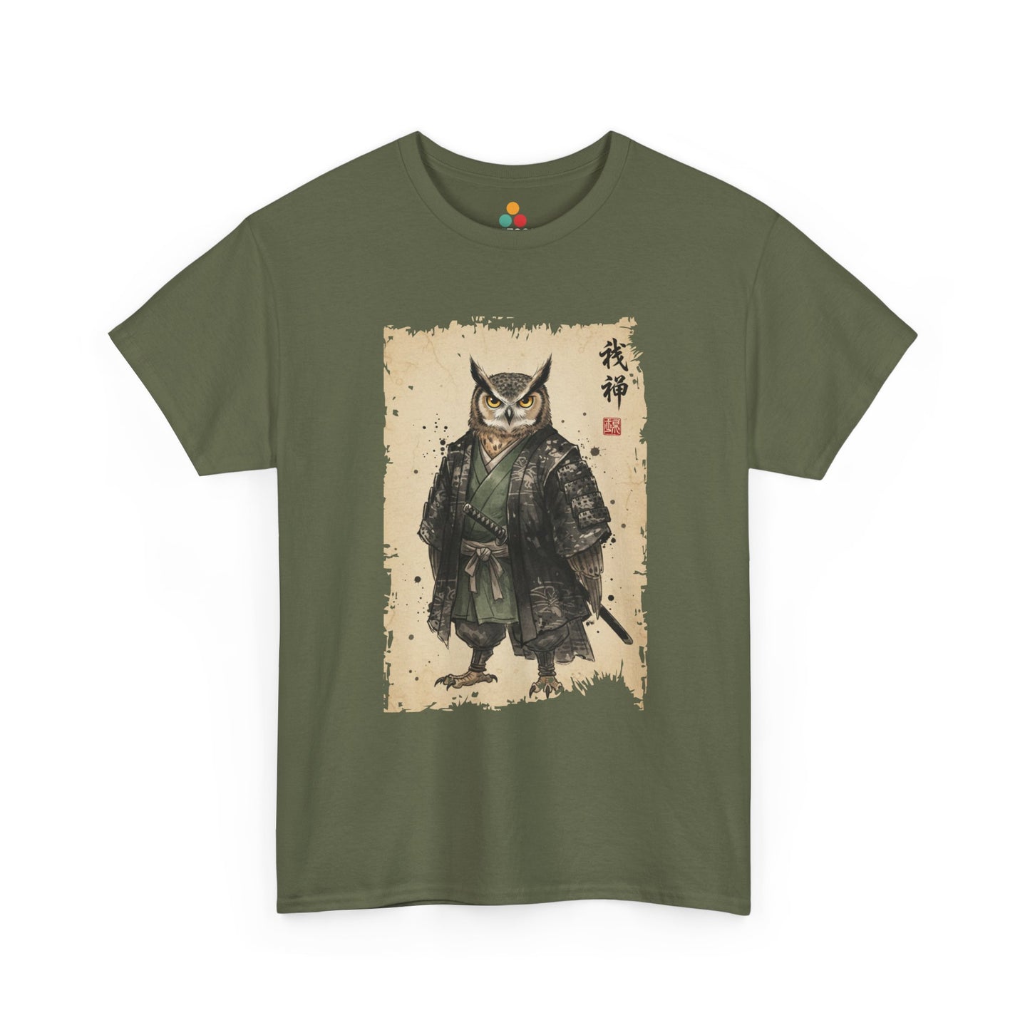 Samurai Owl graphic Green  tee with ukiyo-e style illustration of an owl warrior in dark armor.​


