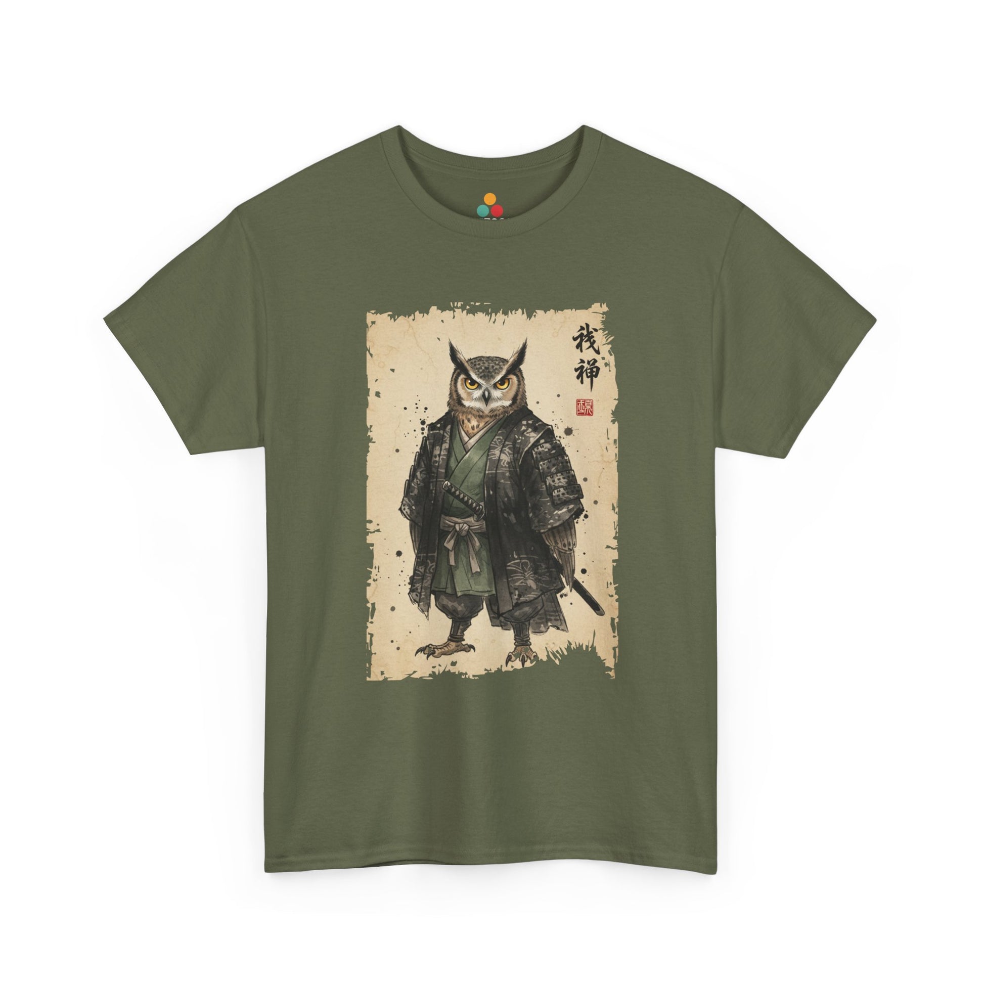 Samurai Owl graphic Green  tee with ukiyo-e style illustration of an owl warrior in dark armor.​

