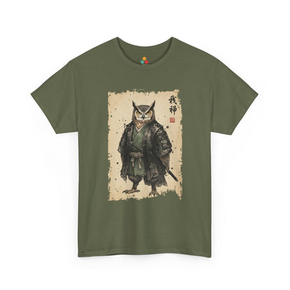 Samurai Owl graphic Green  tee with ukiyo-e style illustration of an owl warrior in dark armor.​

