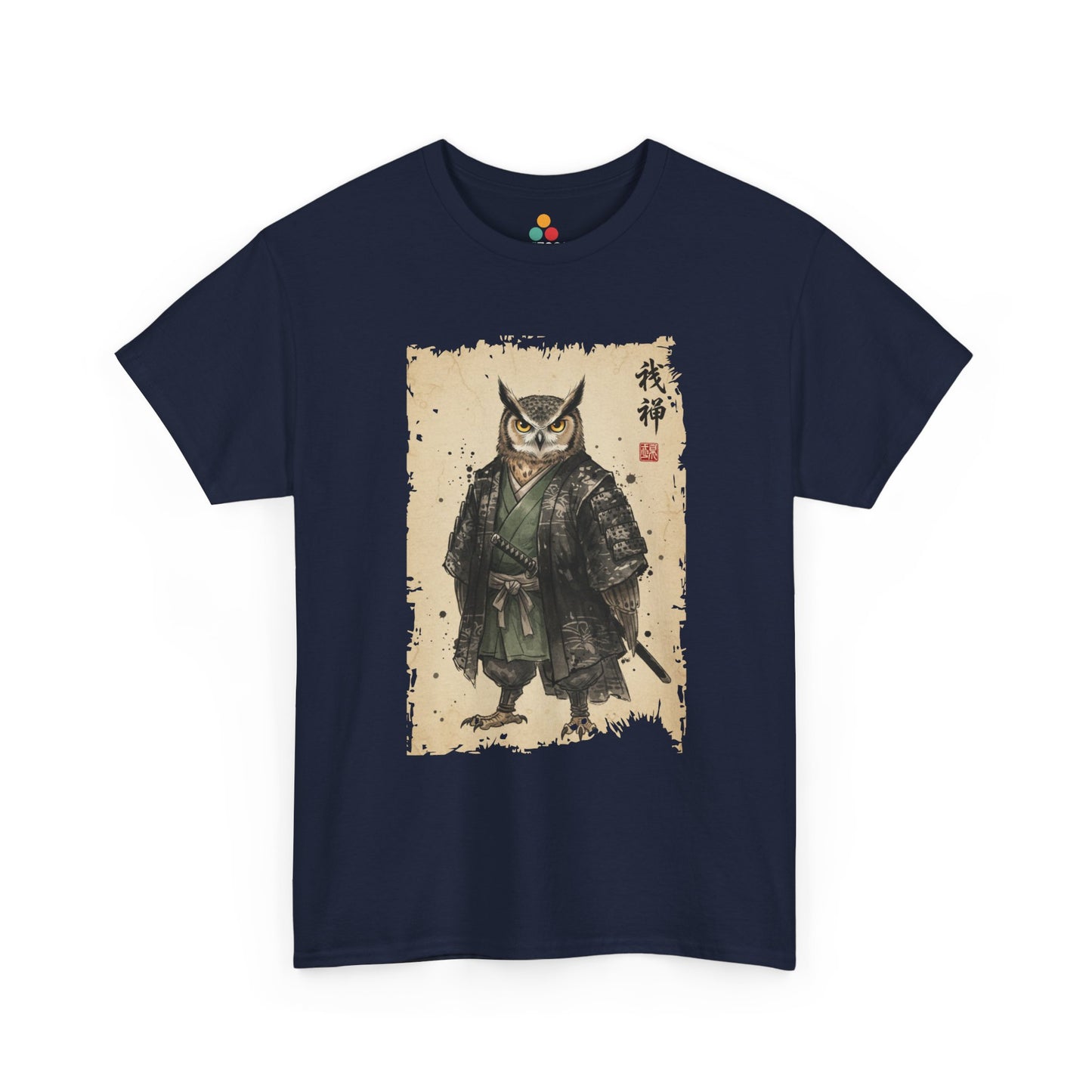 Samurai Owl graphic  Navy Blue  tee with ukiyo-e style illustration of an owl warrior in dark armor.​

