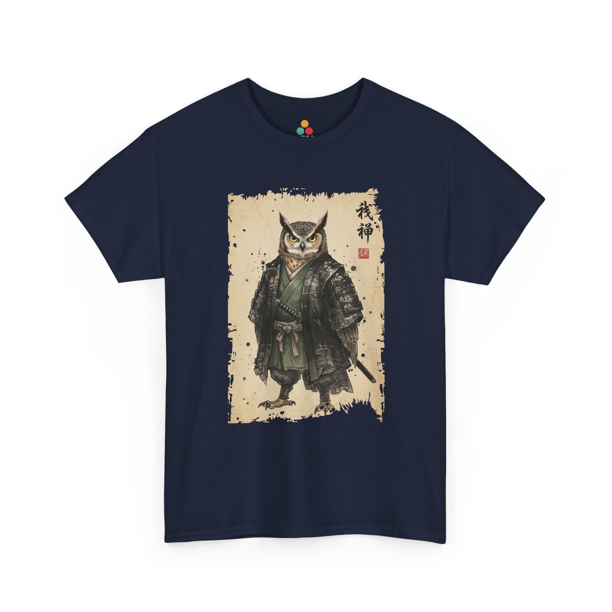 Samurai Owl graphic  Navy Blue  tee with ukiyo-e style illustration of an owl warrior in dark armor.​

