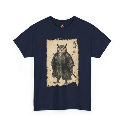 Samurai Owl graphic  Navy Blue  tee with ukiyo-e style illustration of an owl warrior in dark armor.​


