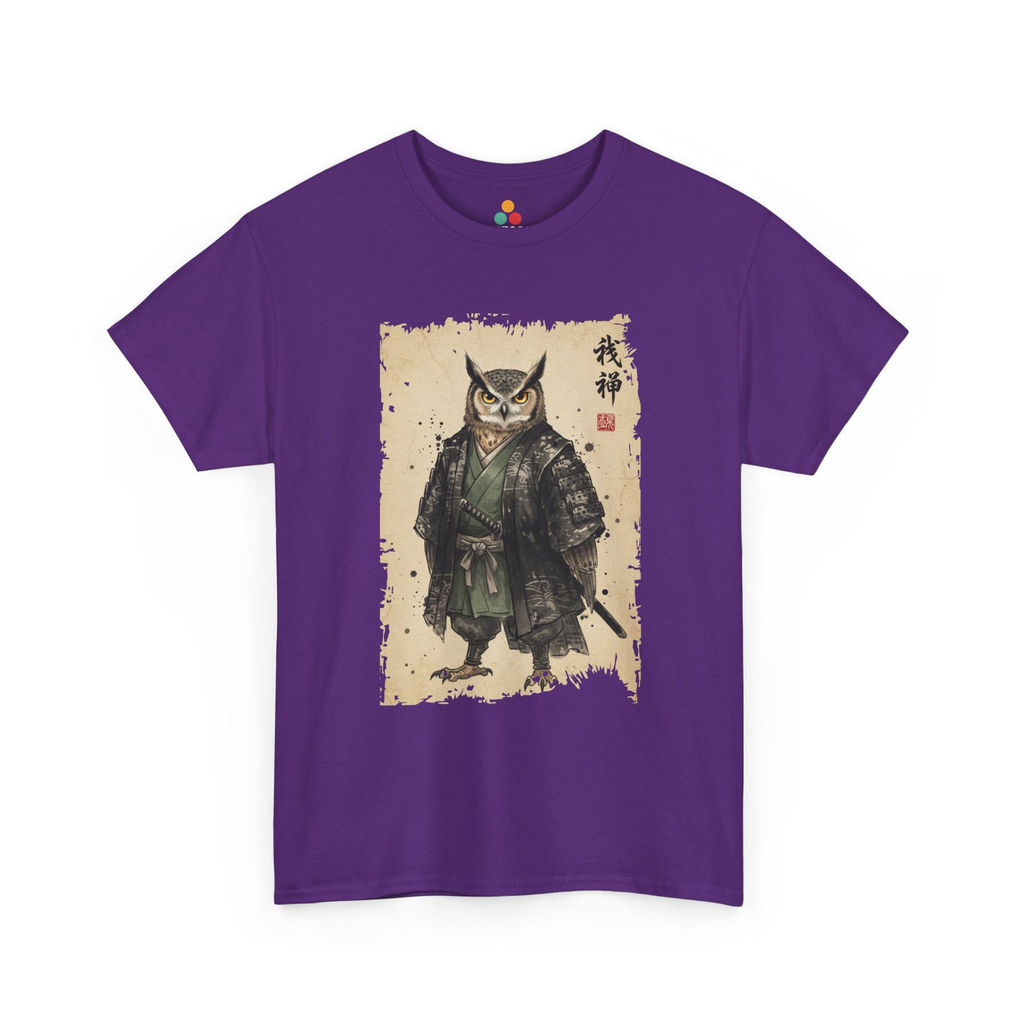 Samurai Owl graphic  Purple  tee with ukiyo-e style illustration of an owl warrior in dark armor.​

