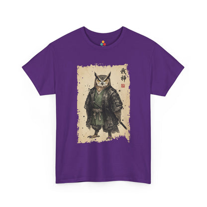 Samurai Owl graphic  Purple  tee with ukiyo-e style illustration of an owl warrior in dark armor.​

