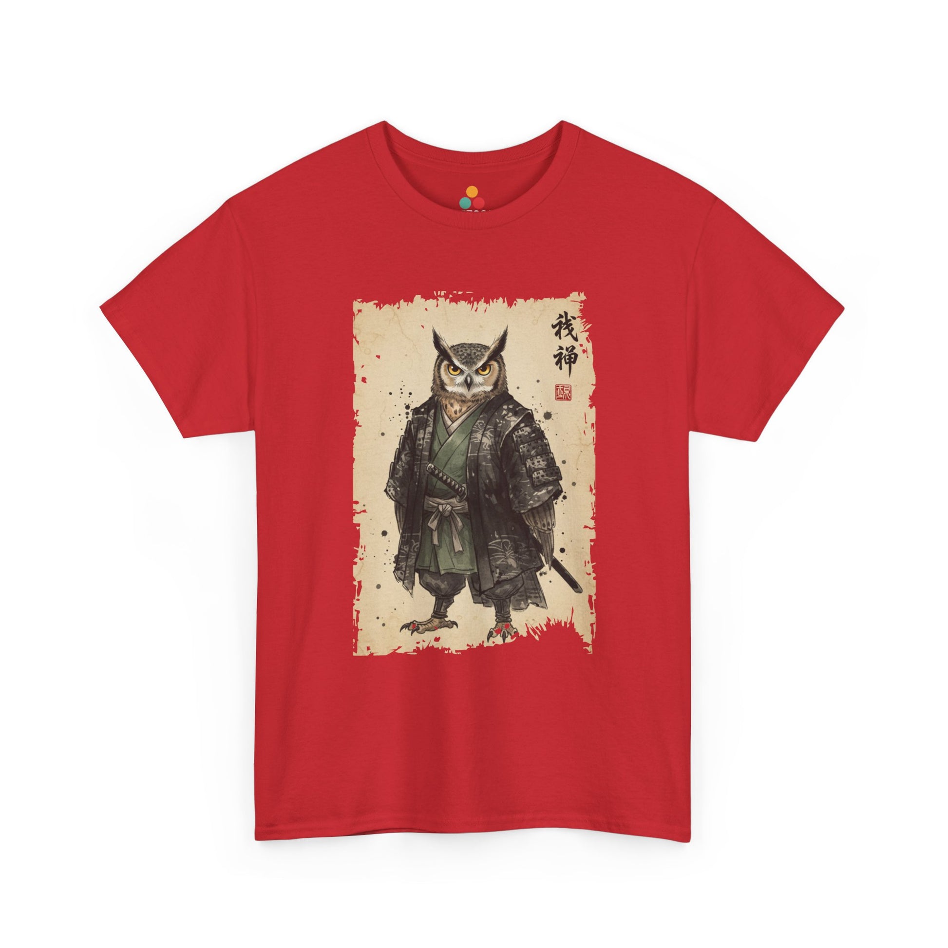 Samurai Owl graphic  Red  tee with ukiyo-e style illustration of an owl warrior in dark armor.​

