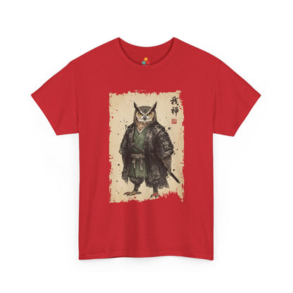 Samurai Owl graphic  Red  tee with ukiyo-e style illustration of an owl warrior in dark armor.​

