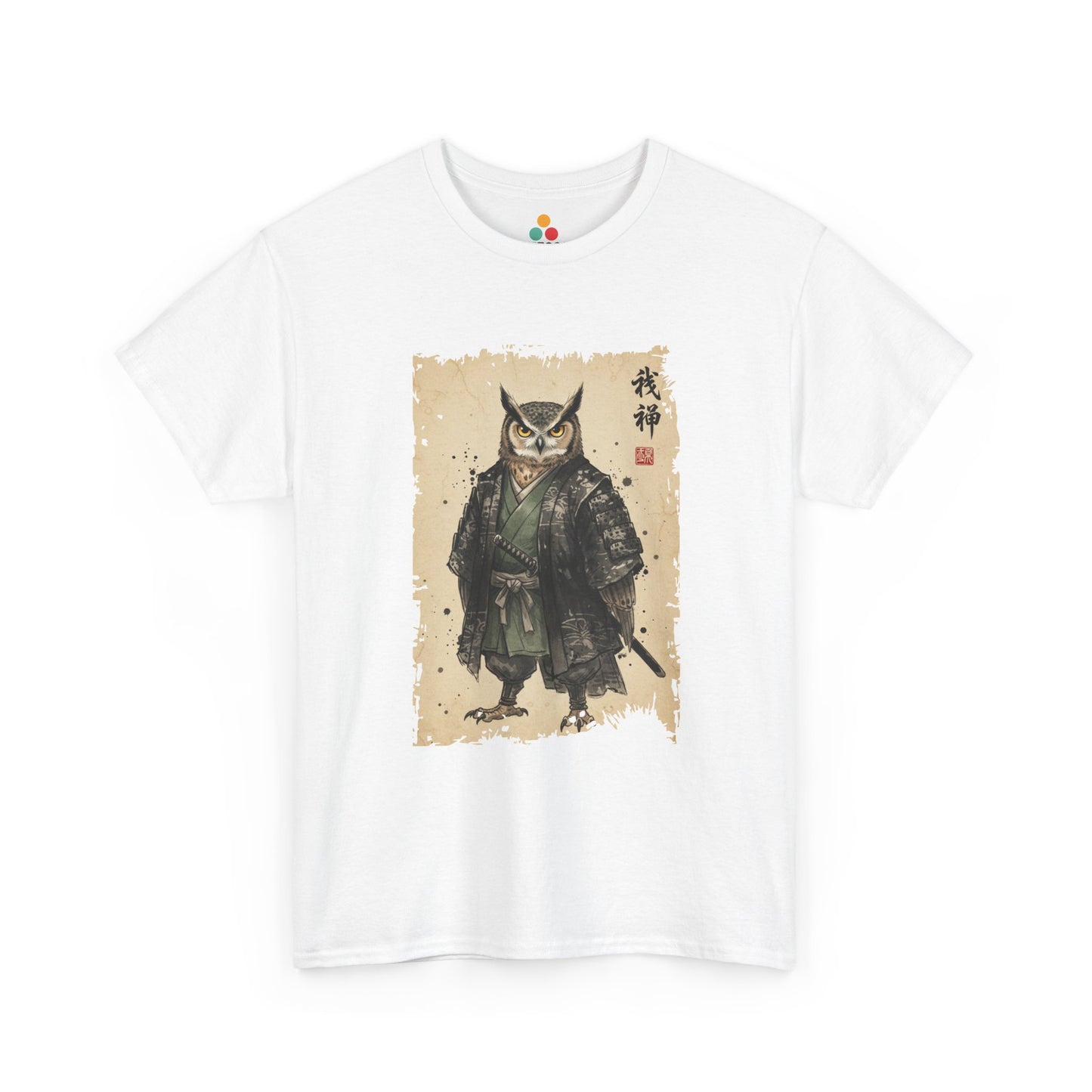 Samurai Owl graphic White tee with ukiyo-e style illustration of an owl warrior in dark armor.​

