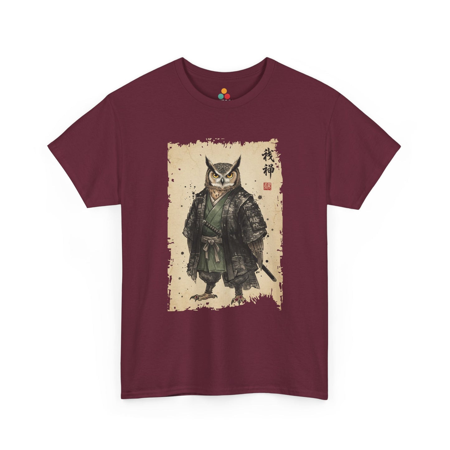 Samurai Owl graphic maroon tee with ukiyo-e style illustration of an owl warrior in dark armor.​

