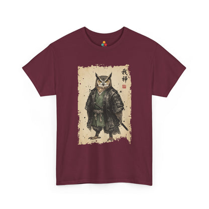Samurai Owl graphic maroon tee with ukiyo-e style illustration of an owl warrior in dark armor.​

