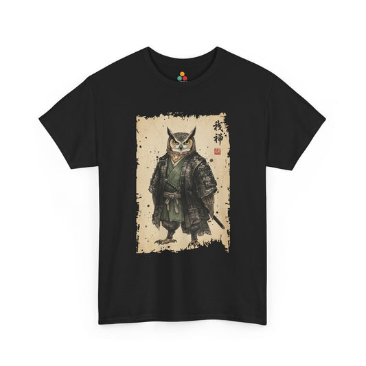 Samurai Owl graphic tee with ukiyo-e style illustration of an owl warrior in dark armor.​

