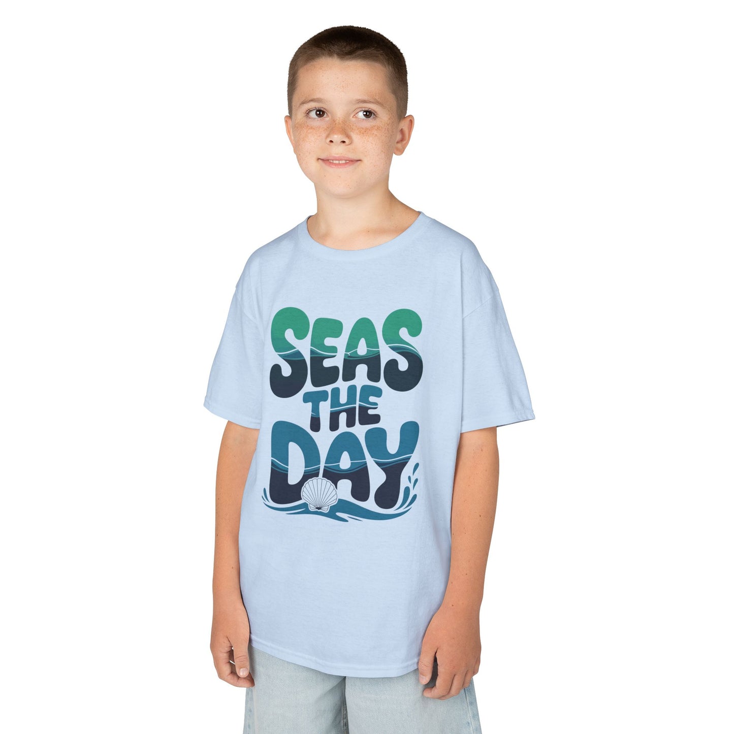 Seas The Day Ocean Wave Graphic Kids T-shirt | TEEZOCA nautical blue wave typography Kids shirt