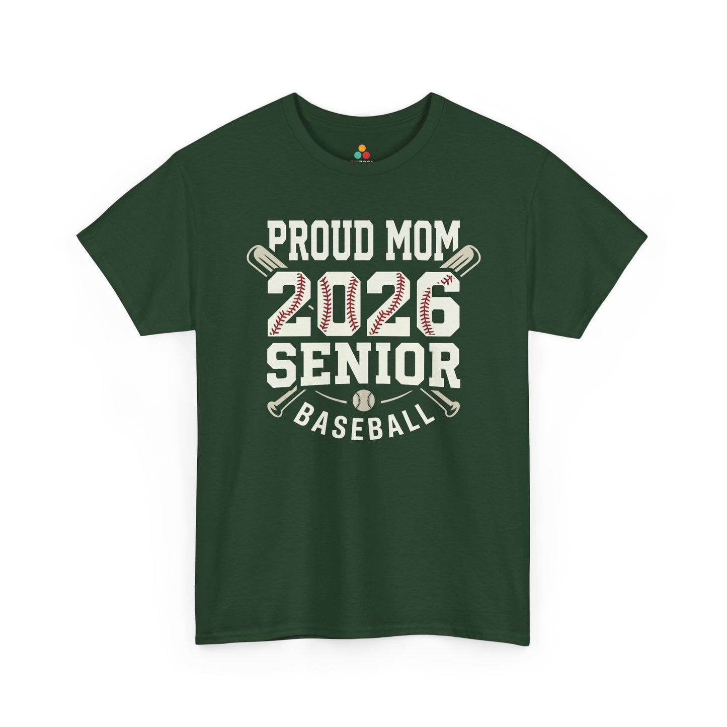 Senior baseball mom shirt by TEEZOCA with varsity-style 2026 design, baseball seams, bat graphics, and game-day mom pride.

