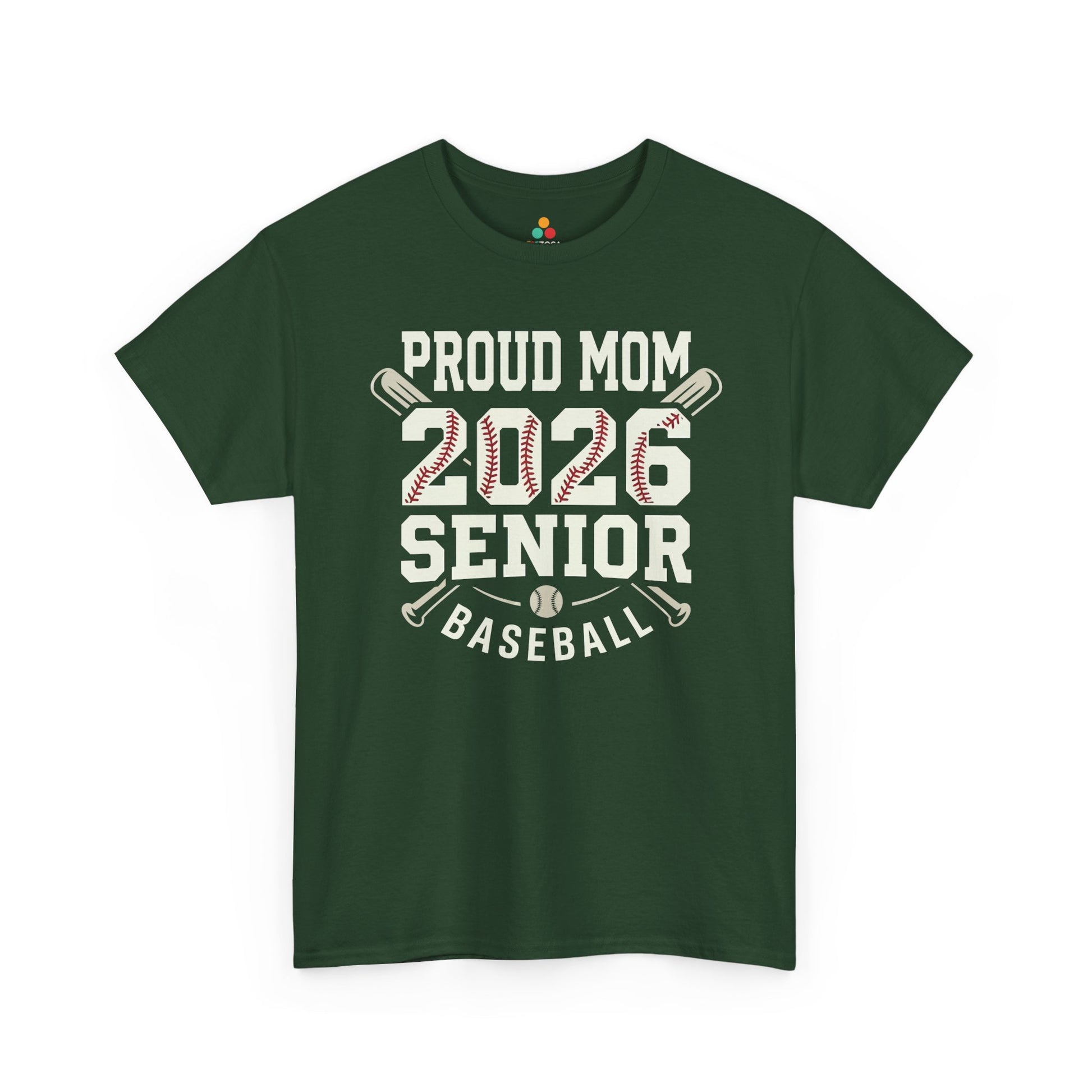 Senior baseball mom shirt by TEEZOCA with varsity-style 2026 design, baseball seams, bat graphics, and game-day mom pride.
