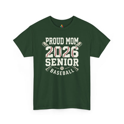 Senior baseball mom shirt by TEEZOCA with varsity-style 2026 design, baseball seams, bat graphics, and game-day mom pride.
