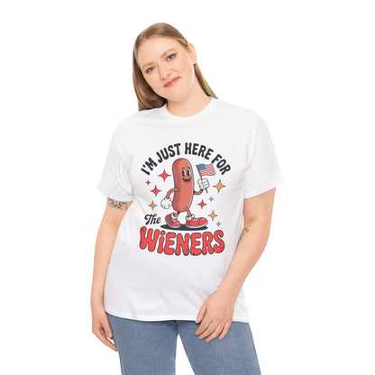 Shop the 4th of July Hot Dog Shirt by TEEZOCA for BBQs, cookouts, tailgates, and fireworks with I'm Just Here for the Wieners party humor for grill dads.
