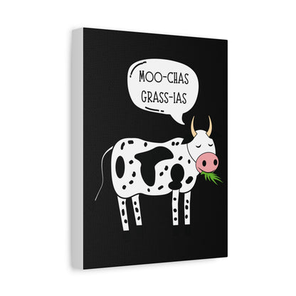 Side view of TEEZOCA “Moo-chas Grass-ias” cow canvas on a white wall.