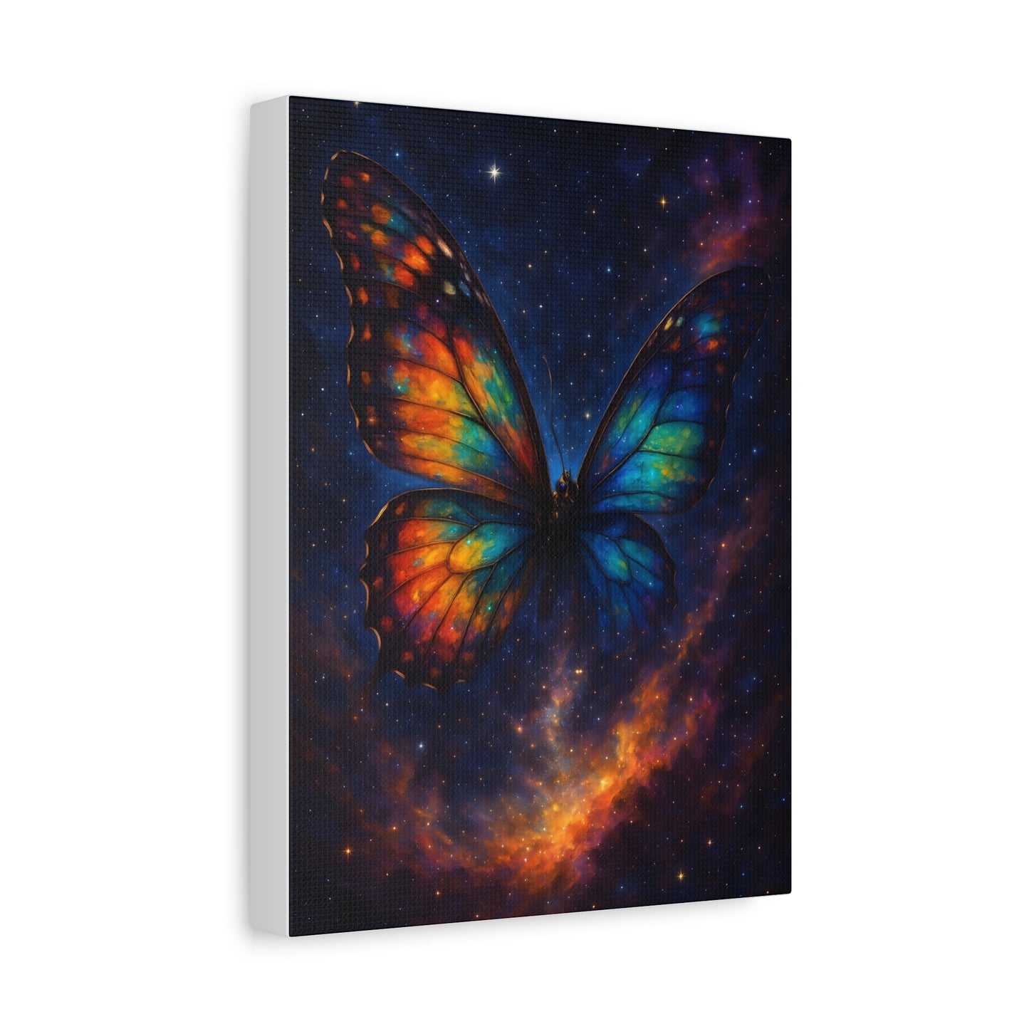Side view of TEEZOCA colorful galaxy butterfly canvas on a white wall.