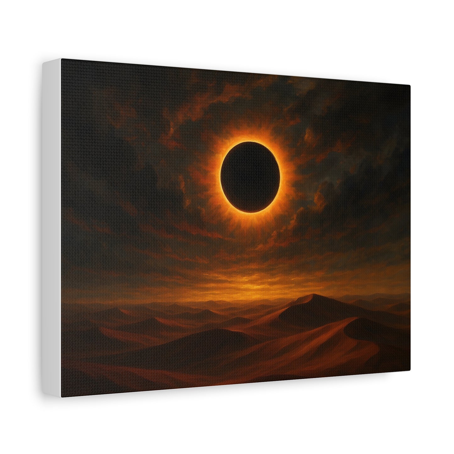 Side view of TEEZOCA eclipse desert landscape canvas wall art on a white wall.