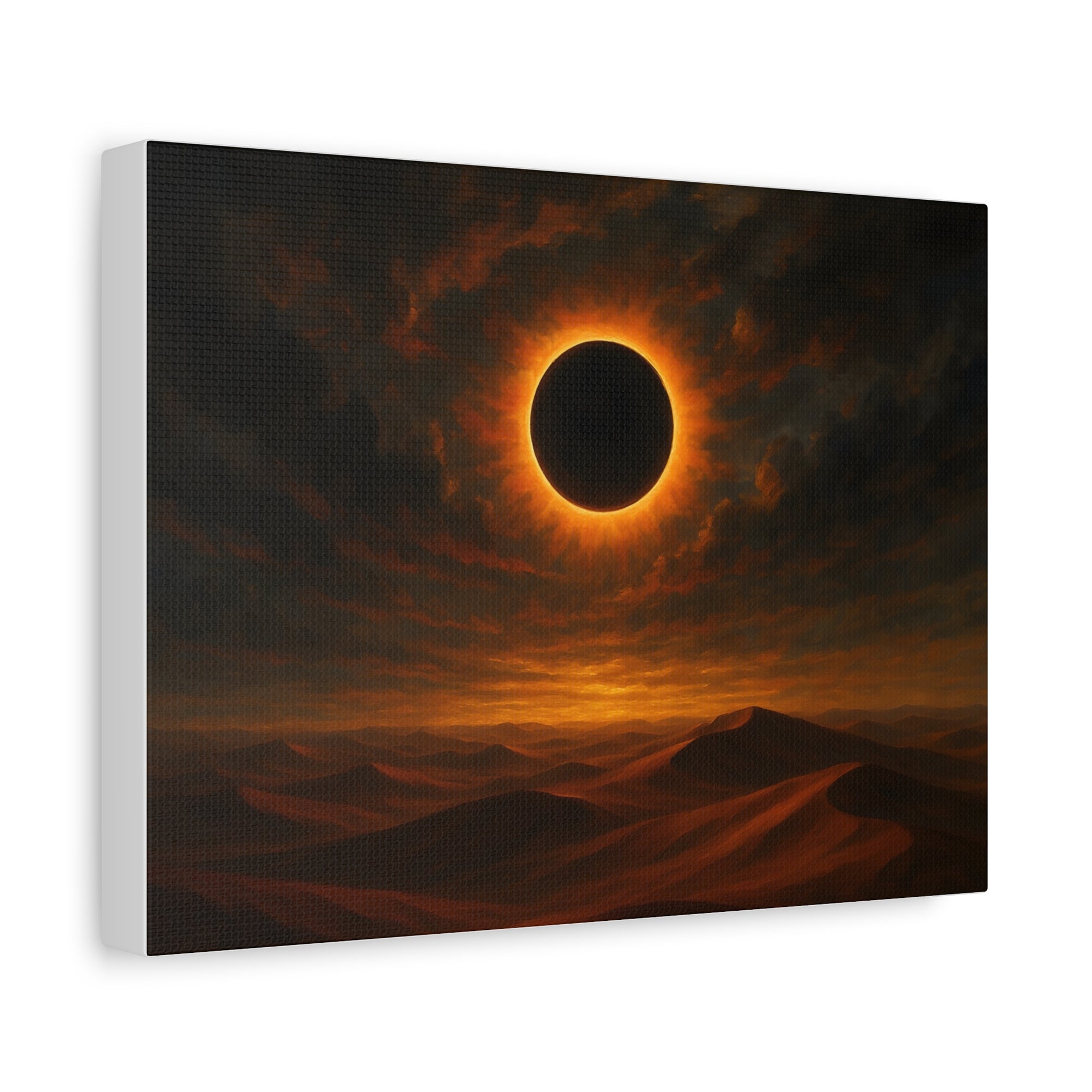 Side view of TEEZOCA eclipse desert landscape canvas wall art on a white wall.