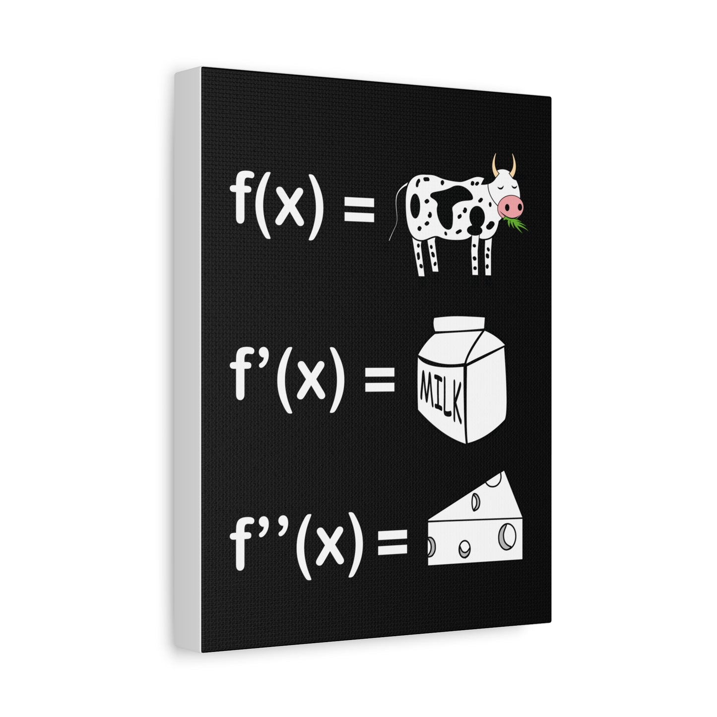 Side view of TEEZOCA funny calculus cow milk cheese canvas on a white wall.