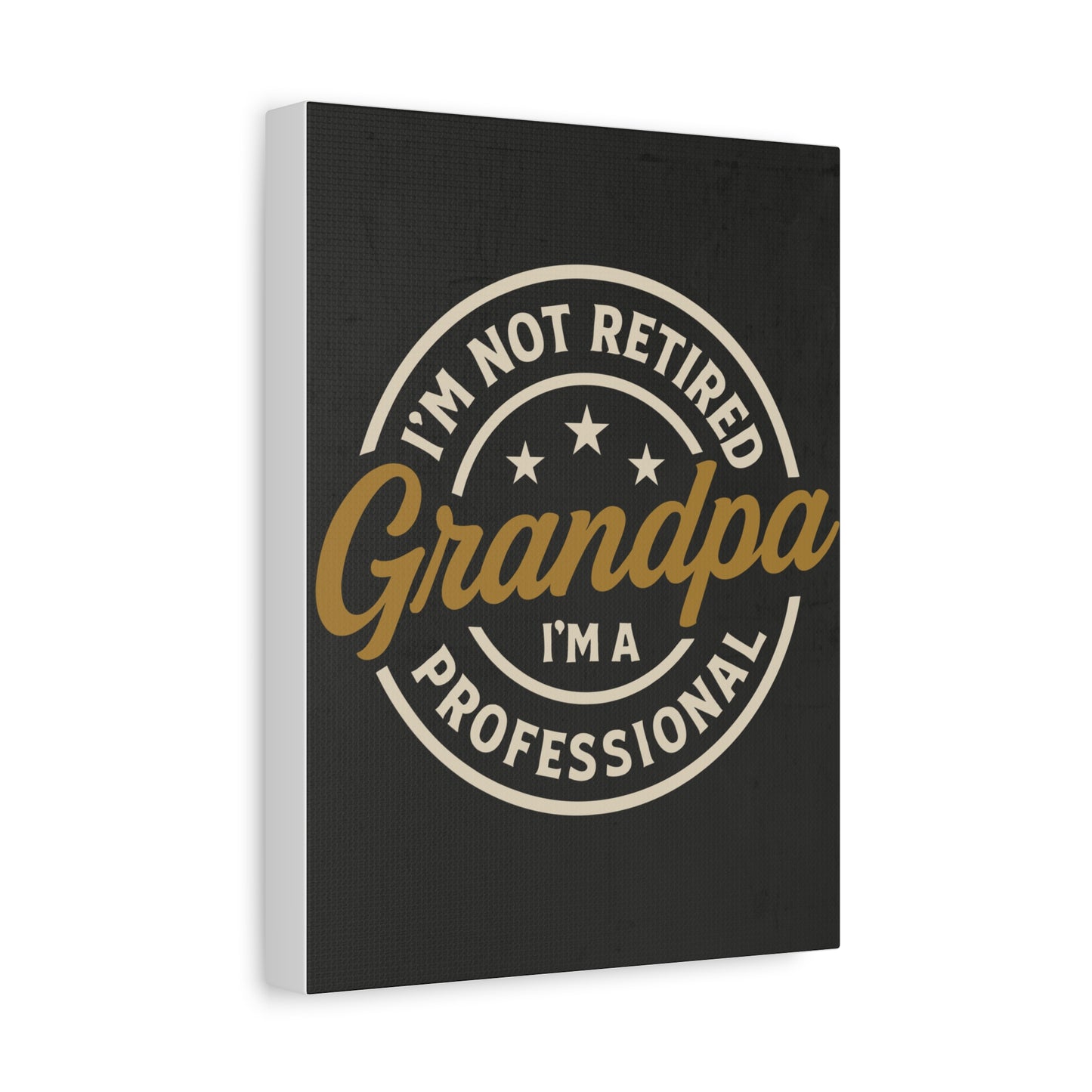 Side view of TEEZOCA grandpa professional badge canvas on a white wall.