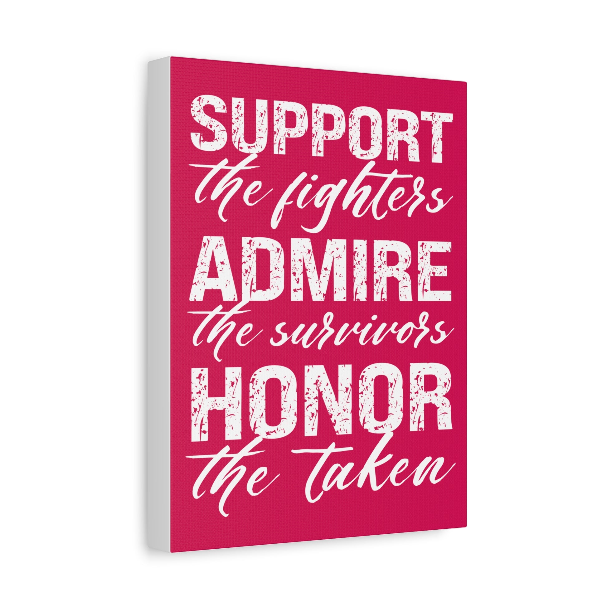 Side view of TEEZOCA pink support fighters survivors taken canvas on a white wall.