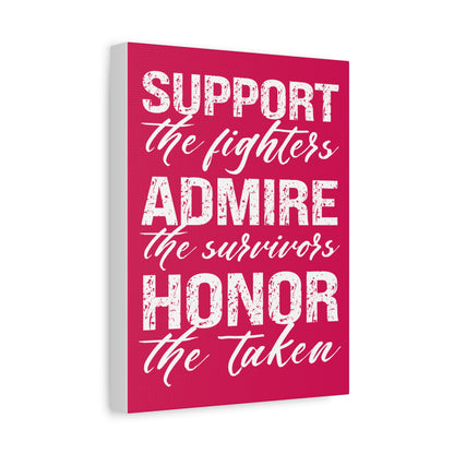 Side view of TEEZOCA pink support fighters survivors taken canvas on a white wall.