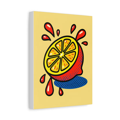 Side view of TEEZOCA pop art citrus canvas on a white wall.
