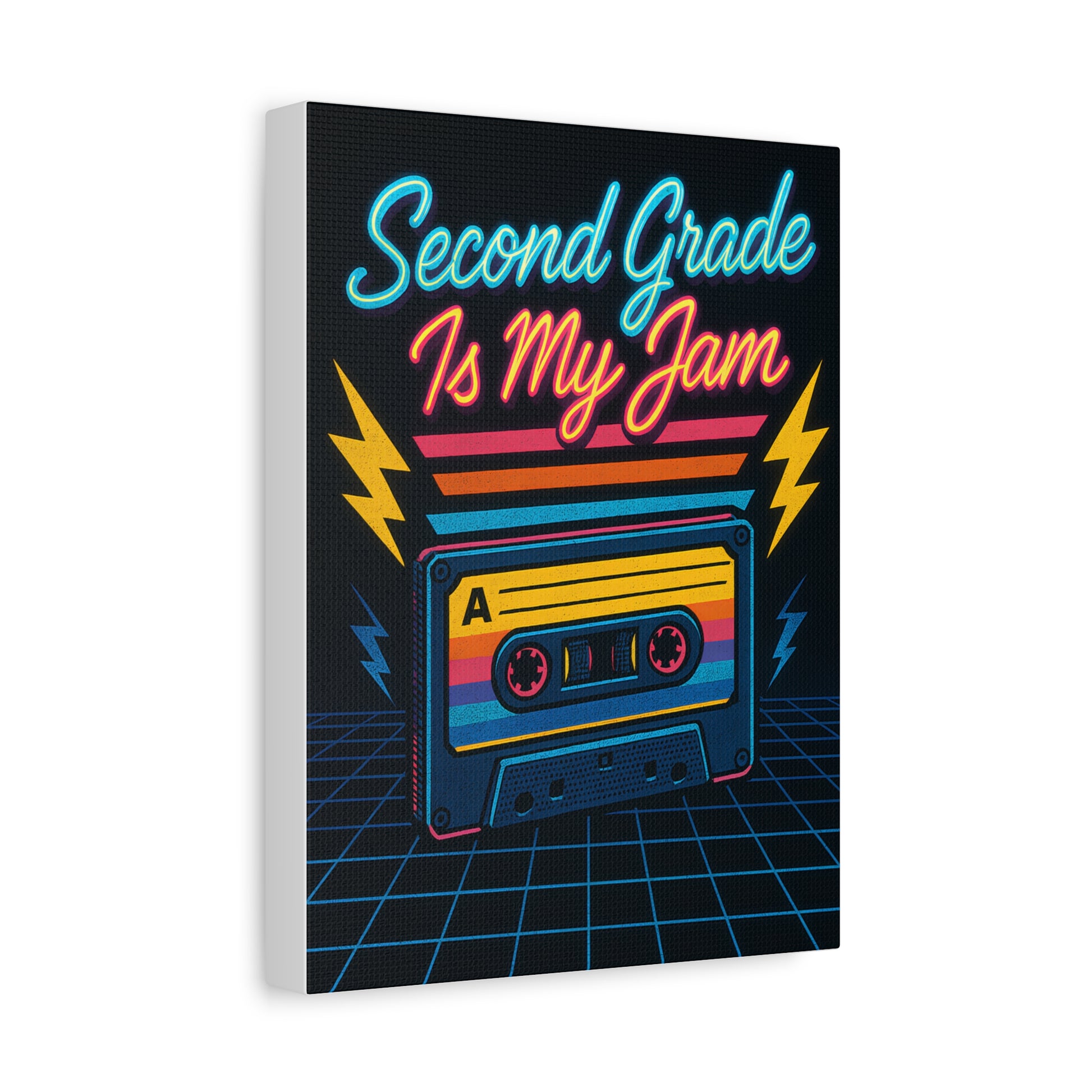 Side view of TEEZOCA retro cassette second grade canvas on a white wall.