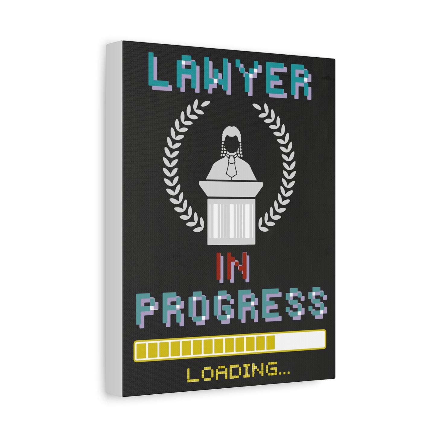 Side view of TEEZOCA retro gamer‑style lawyer canvas on a white wall.