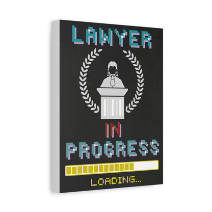 Side view of TEEZOCA retro gamer‑style lawyer canvas on a white wall.