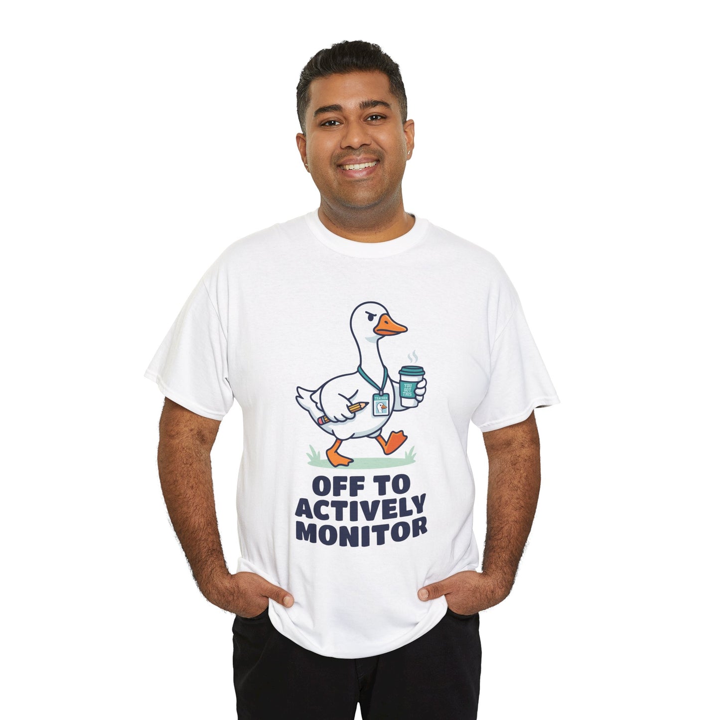 Silly goose shirt by TEEZOCA with Off To Actively Monitor lettering and a cute goose teacher graphic for testing season.
