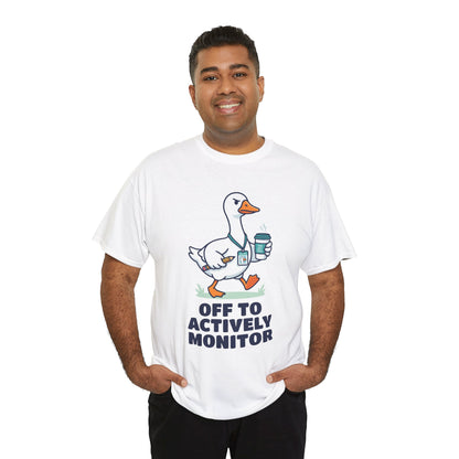 Silly goose shirt by TEEZOCA with Off To Actively Monitor lettering and a cute goose teacher graphic for testing season.
