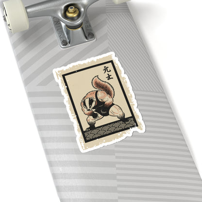 Skateboard with a decorative sticker featuring a badger in traditional attire on a white background