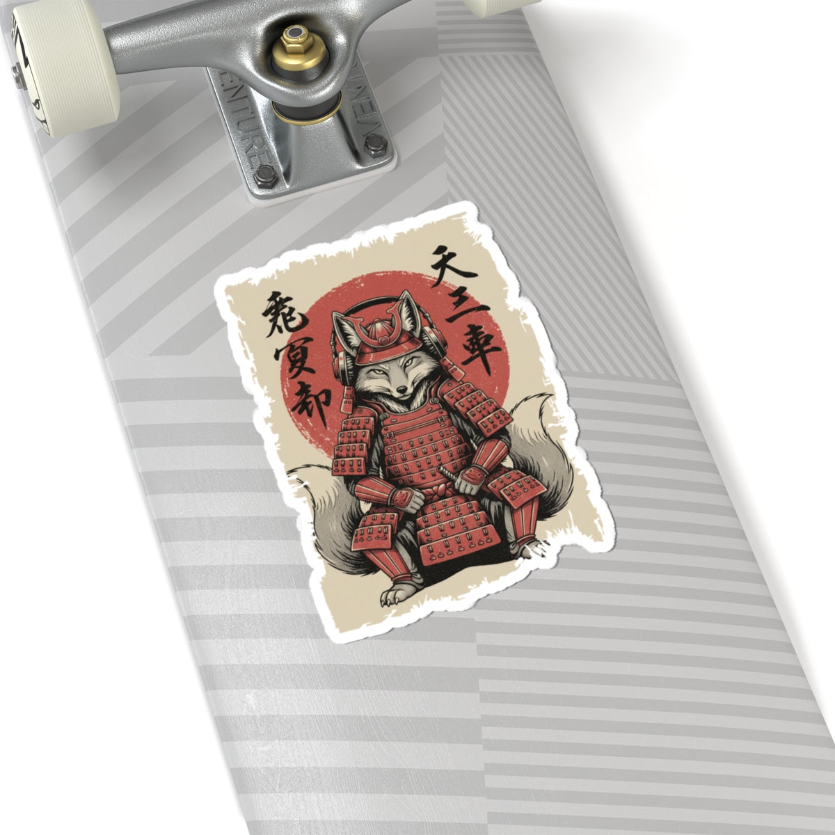 Skateboard with a sticker of a fox in samurai armor on a white background