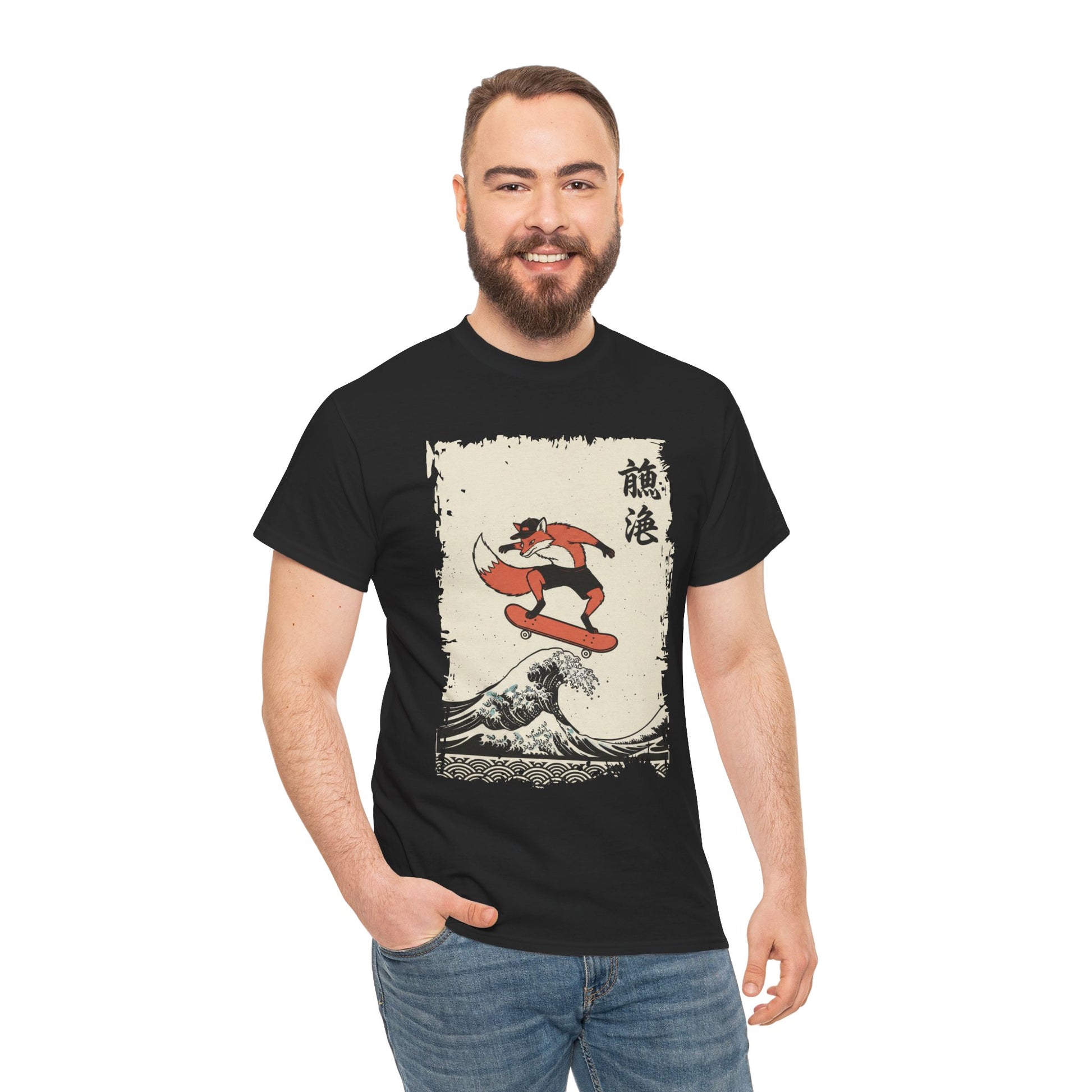 Skater Fox graphic Black men  tee shirt featuring a fox skateboarding on the Great Wave off Kanagawa.​

