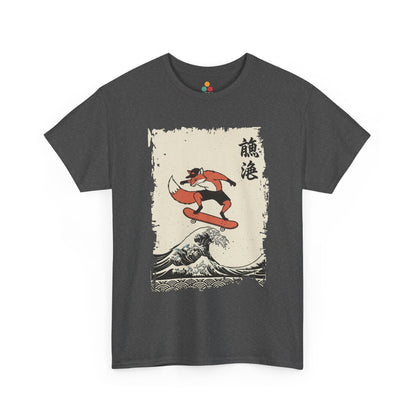 Skater Fox graphic Gray tee featuring a fox skateboarding on the Great Wave off Kanagawa.​
